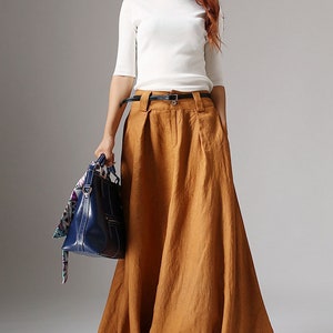 Linen Maxi skirt with big pockets, swing Long Linen Skirt for women, Asymmetrical skirt, brown skirt, casual skirt, custom skirt 0905 3-Yellow -1042