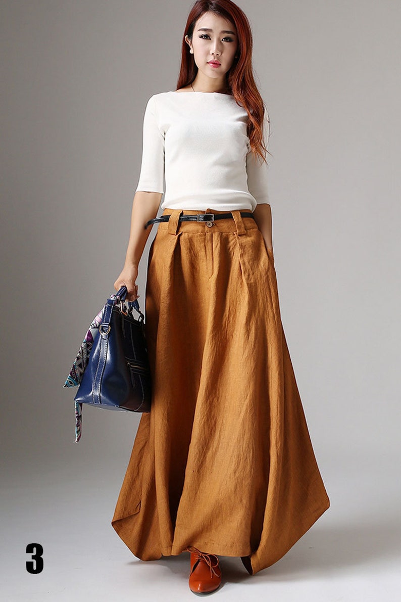 Linen Maxi skirt with big pockets, swing Long Linen Skirt for women, Asymmetrical skirt, brown skirt, casual skirt, custom skirt 0905 3-Yellow -1042