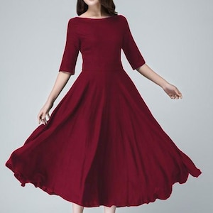 Czarna lniana sukienka midi, elegancka sukienka w kształcie litery A z krótkimi rękawami, sukienka rozkloszowana, sukienka lniana z rozkloszowanym dekoltem, sukienka z dekoltem w łódkę, Xiaolizi 5602 4-Burgundy