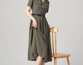 Military-inspired Dress, Army Green Midi Shirt Dress, Womens Button up  A-line Swing Dress, Short Sleeves Summer Work Dress, Xiaolizi 5784# - Etsy