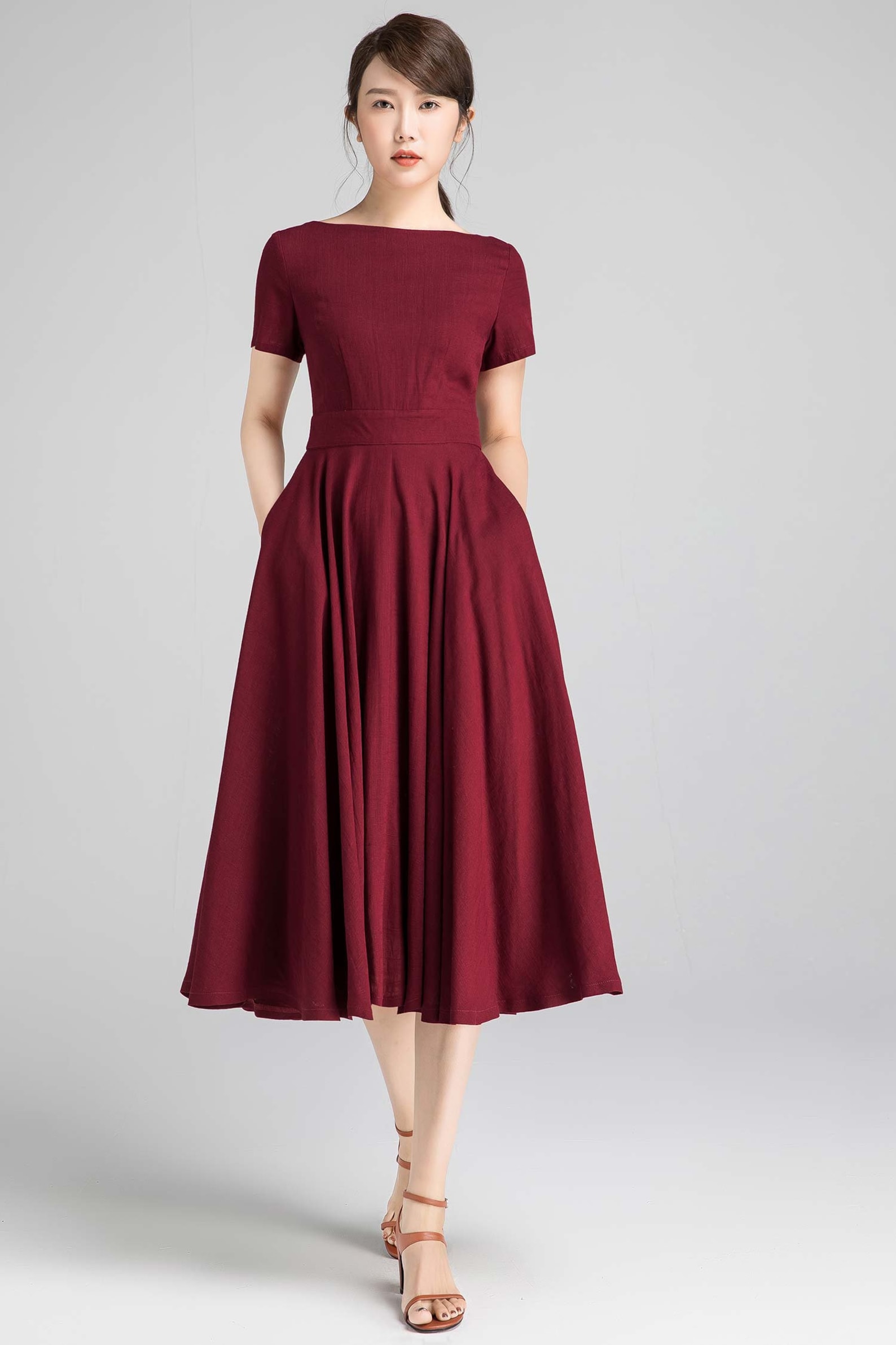 Fit and flare Midi dress in Burgundy Boat Neck swing Dress | Etsy