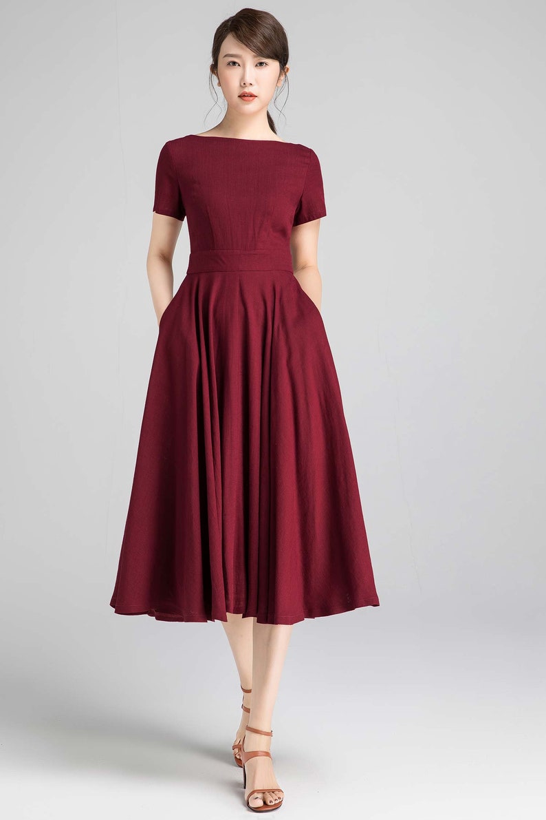 Fit and flare Midi dress in Burgundy, Boat Neck swing Dress with Pockets, Short Sleeve Party dress, Mother of the bride dress 2336 image 4