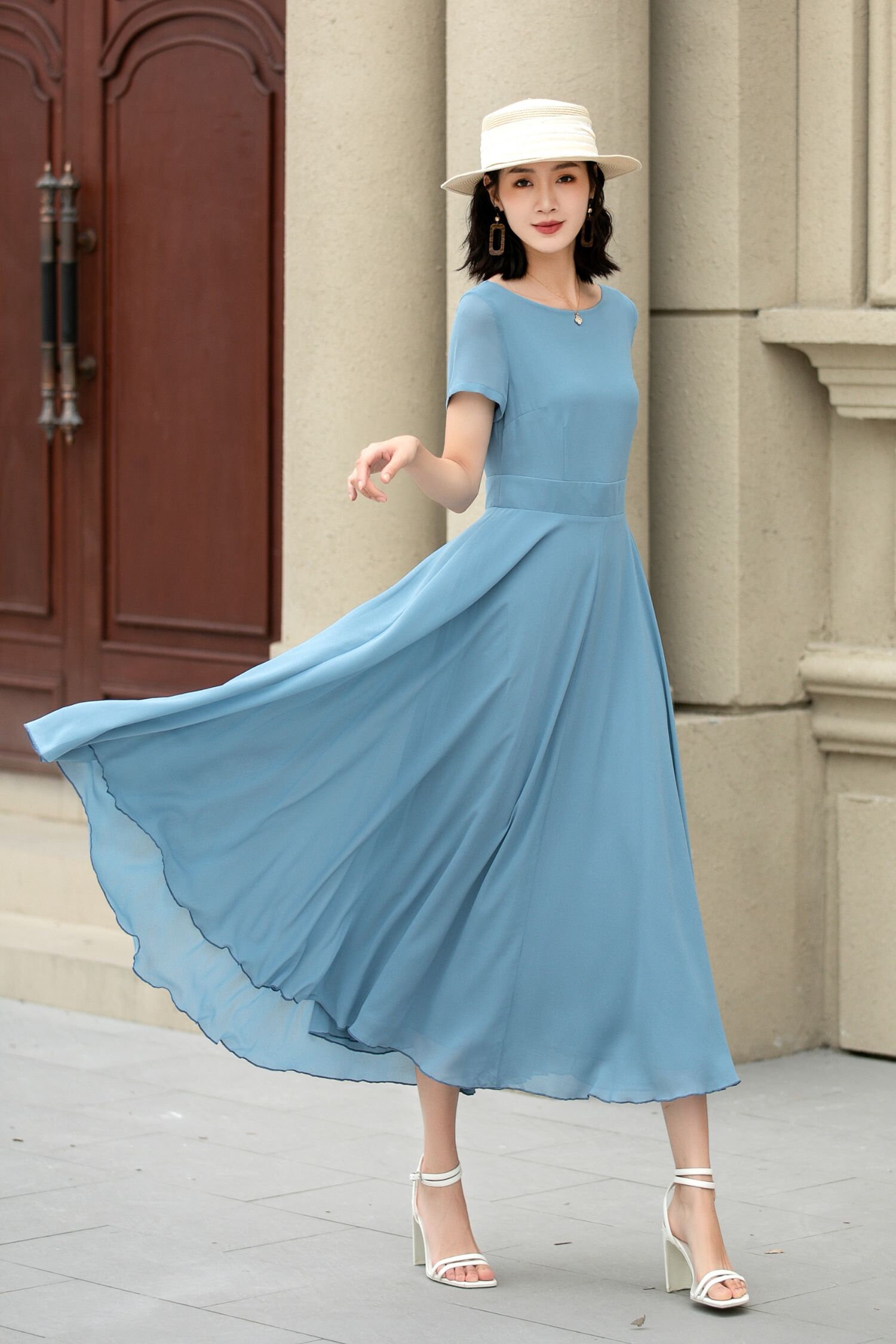 green emerald velvet dress ever AMYRA|Long Sleeve Waist Chain Round Neckline Midi Chiffon Wedding  Guest Dress