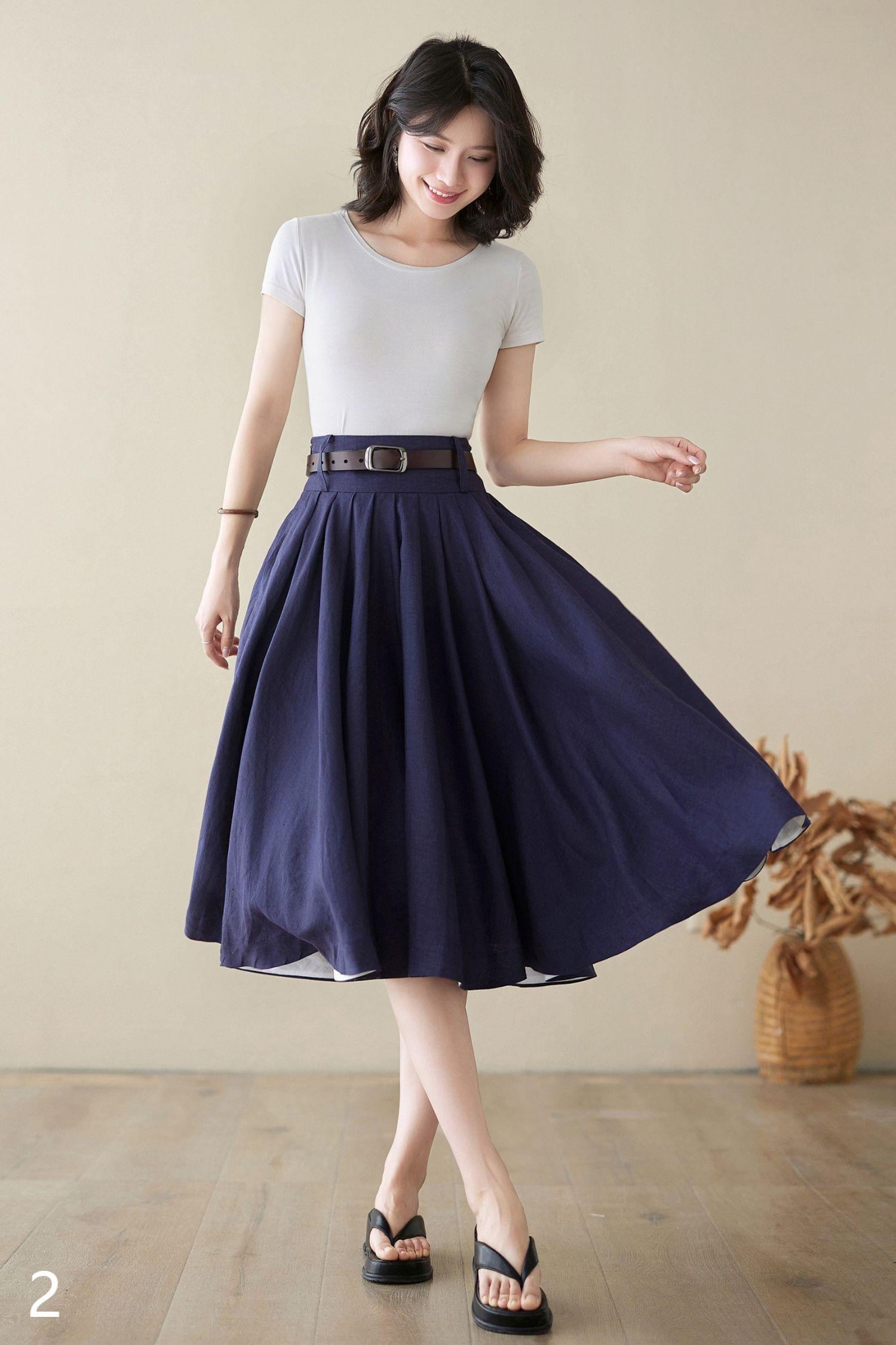 Linen Full Circle Skirt With Pockets, Pleated High Waist Skirt