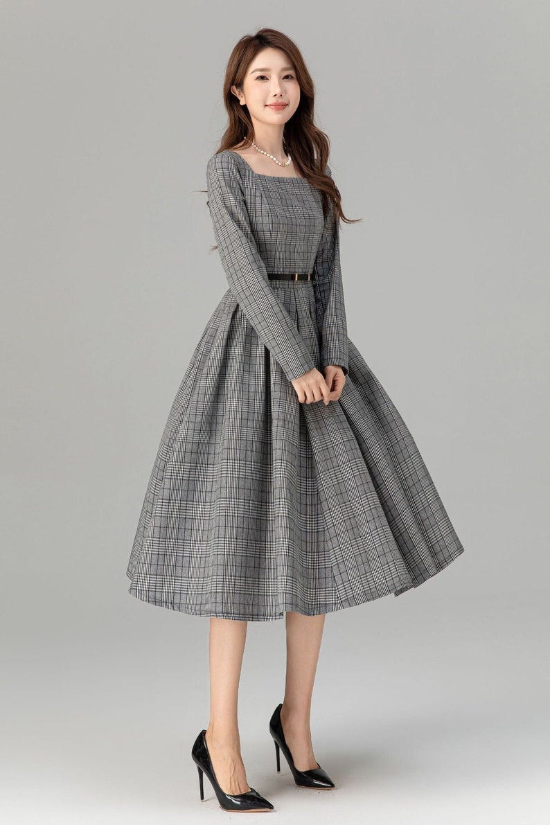 Robe en lin à manches longues pour femme, robe trapèze en lin, robe ajustée et évasée, robe trapèze, robe mod, robe personnalisée, Xiaolizi 4935 1-Plaid