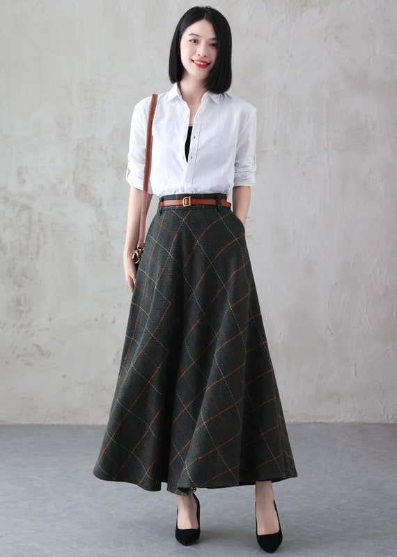 Wool Skirt Maxi Wool Skirt Long Green Wool Plaid Skirt - Etsy