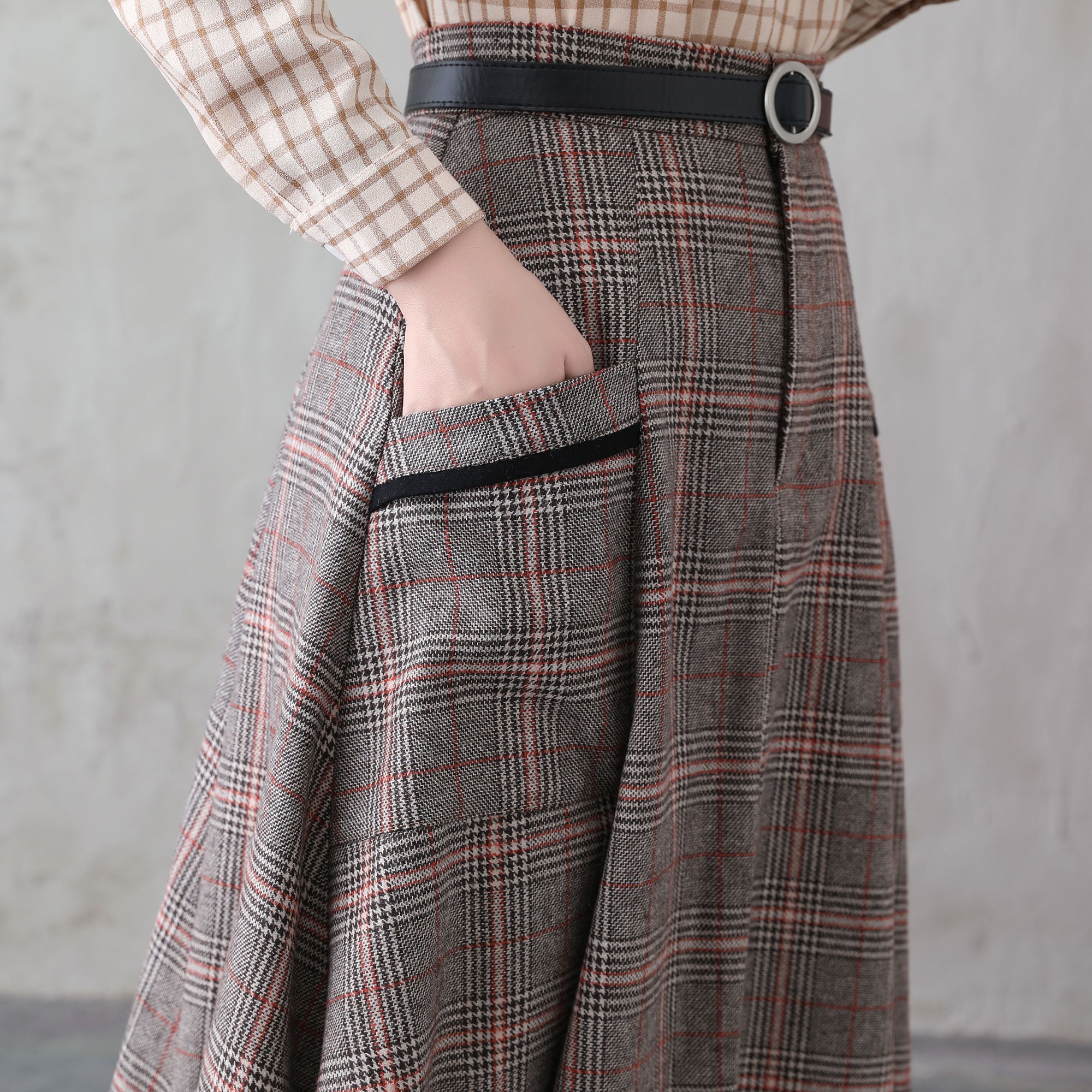 Long Wool Skirt, Maxi Plaid Skirt, High Waist Wool Skirt