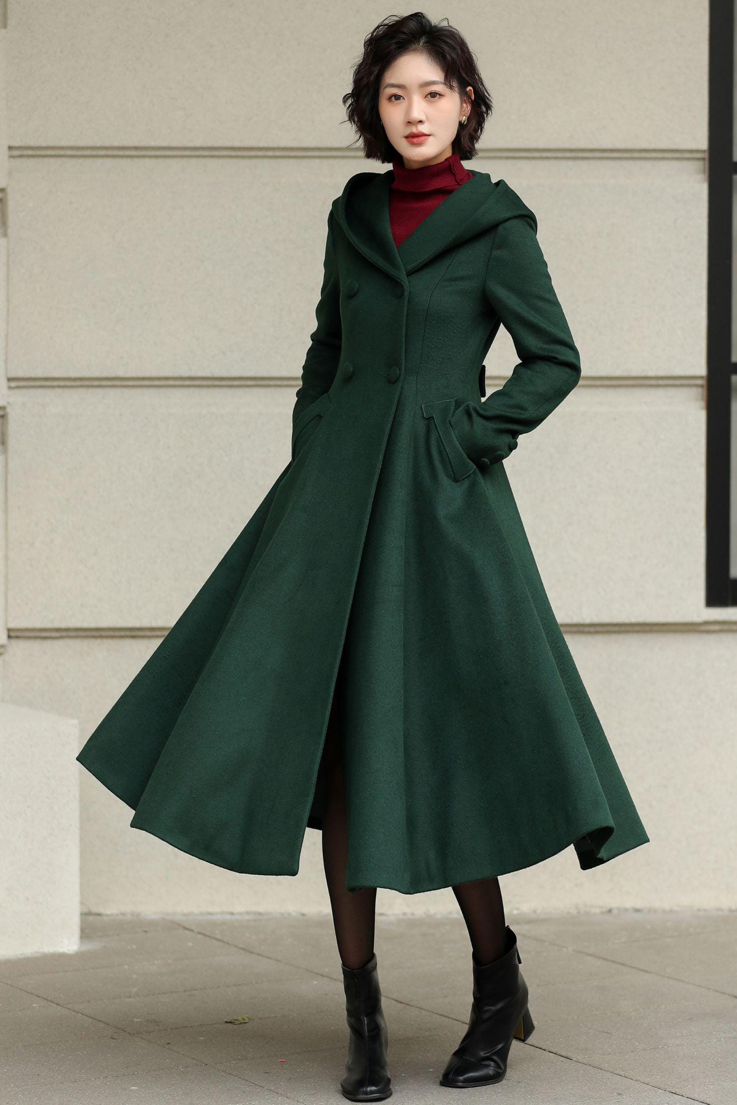 Green Hooded Trench Coat: Fit and Flare Mid-calf Swinging Coat
