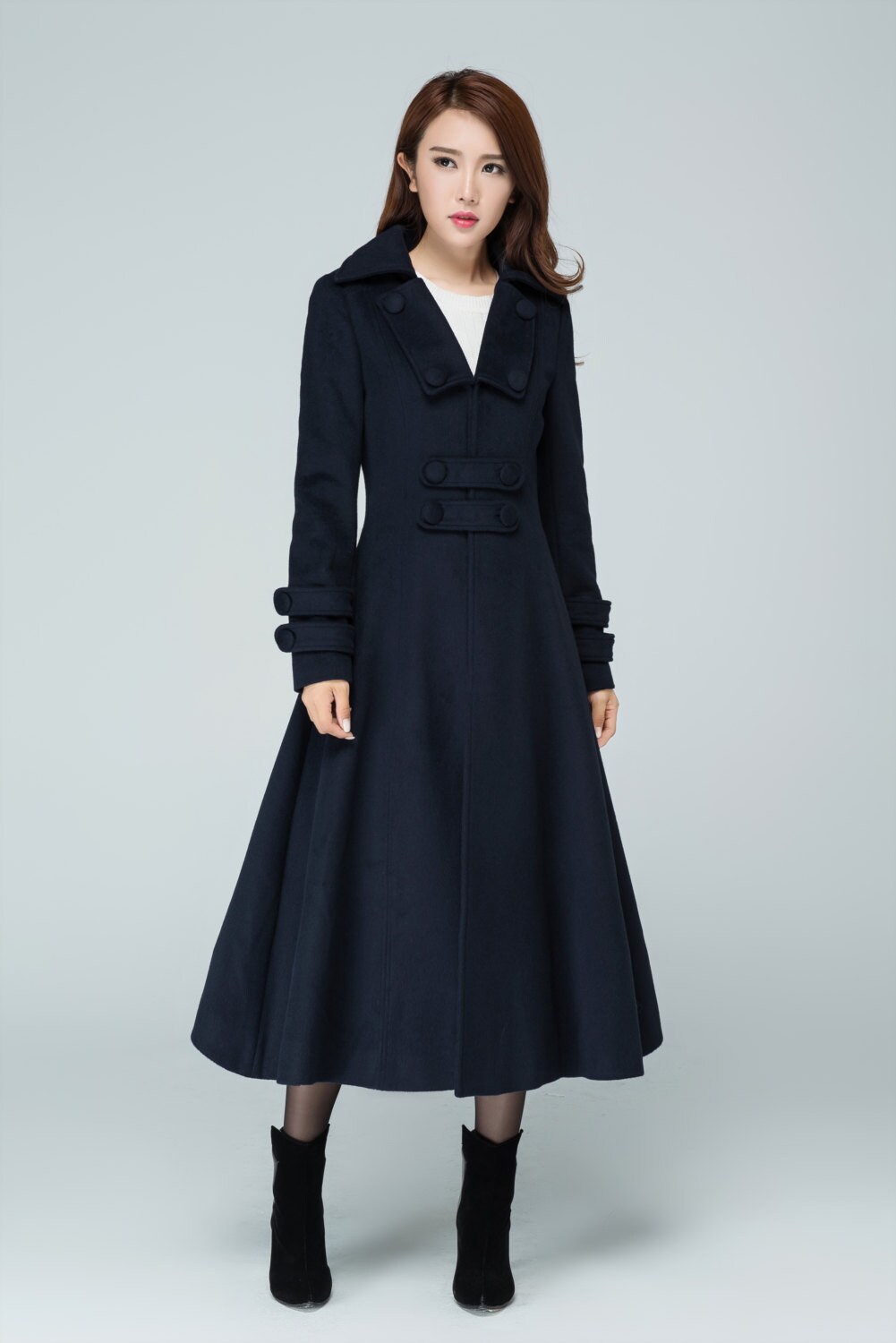 Navy coat wool coat winter coat women midi coat wool coat | Etsy