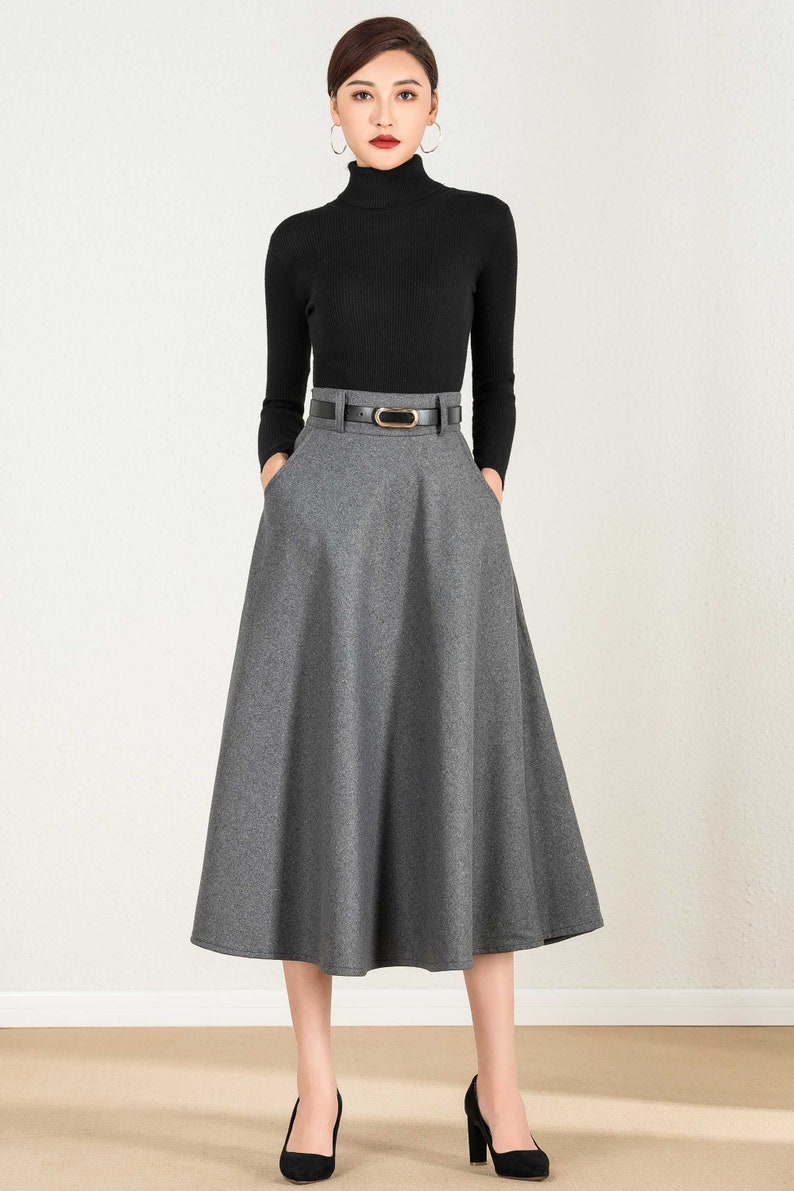 Wool skirt, Gray wool skirt, winter skirt women, Long skirt, A Line skirt, high waisted skirt, Wool skirt women, Xiaolizi 2428 image 4