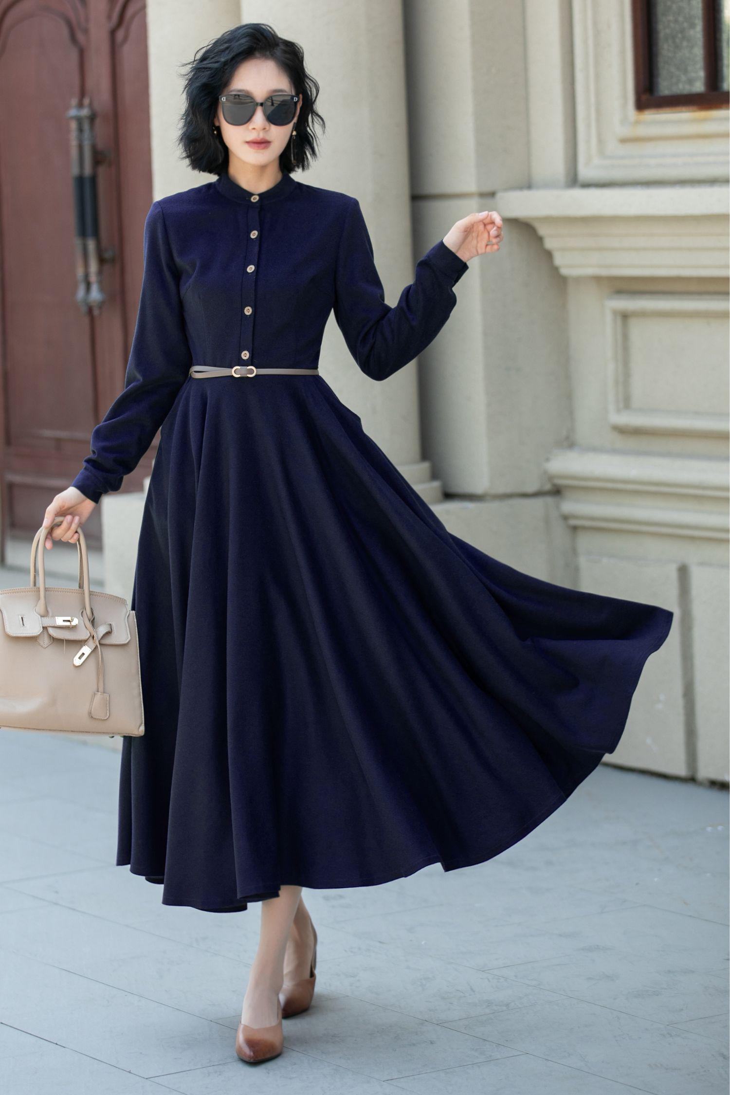 Burgundy Wool Blend Midi Dress: Long Sleeve Swing Winter Outfit