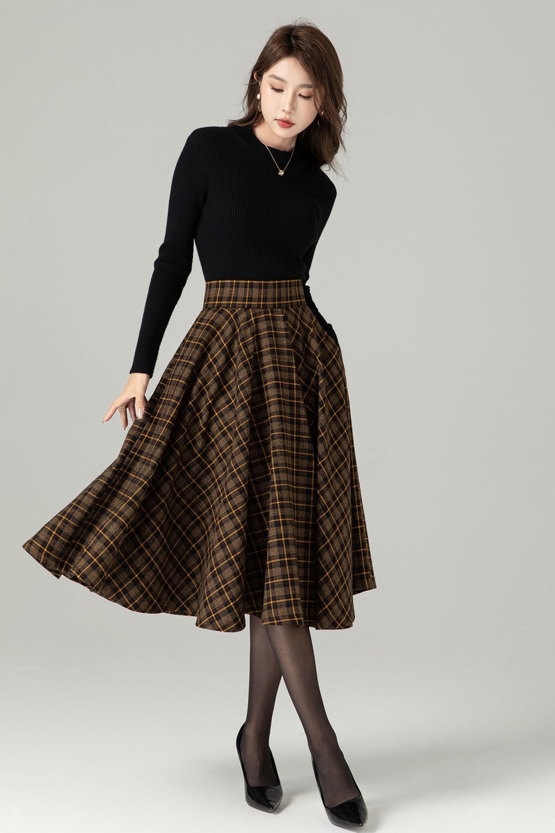 Jupe midi à carreaux en laine, Jupe trapèze en laine, Jupe cercle en laine, Jupe hiver automne femme, Jupe taille haute en laine, Jupe en laine tartan rétro 4498 image 5