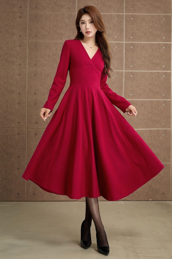 Wool Dress, Red Midi Wool Dress, Swing Wool Dress, A Line Wool Dress, V Neck Dress, Fit and Flare Dress, Autumn Winter Dress, Xiaolizi 5357