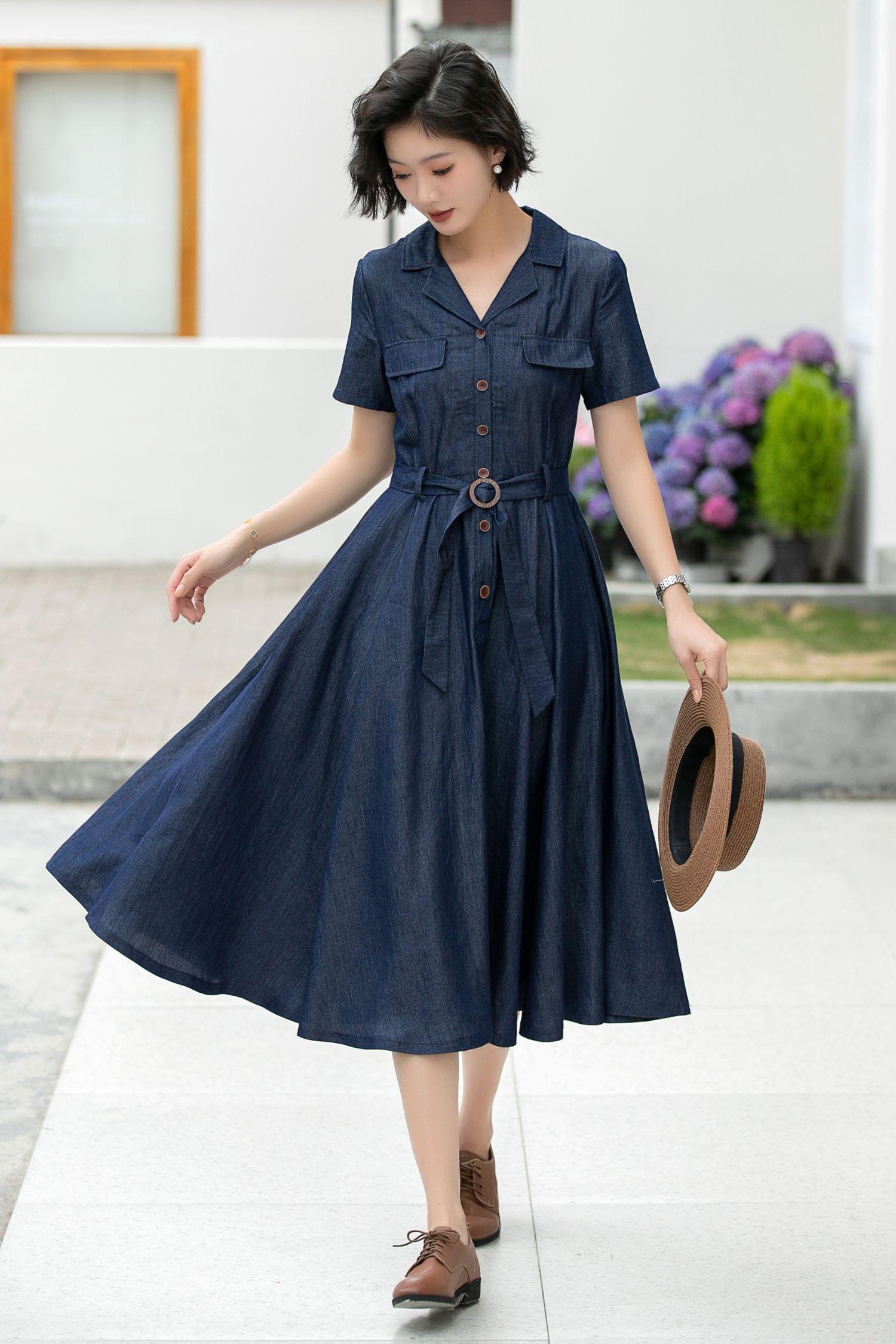 white christmas dresses Medium Wash Denim Asymmetrical High Low Dress- All Dresses main image 0