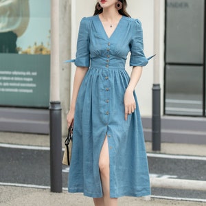 Women's summer Deep V- neck button down Linen midi dress 4265 Women's summer Deep V- neck button down Linen midi dress 4265