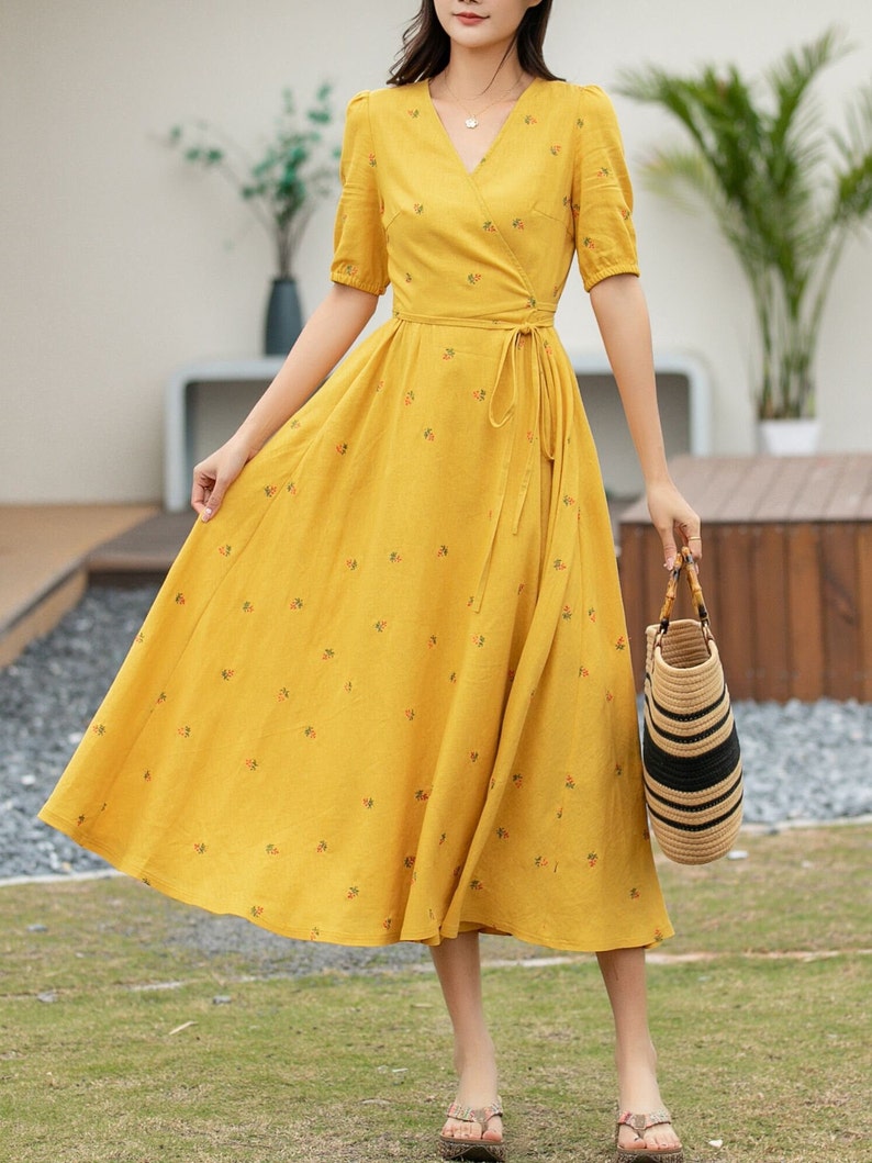 Linen dress, Swing Linen Dress, Wrap dress, Short sleeve floral midi dress, Fit and Flare Dress, Women Modest Linen Dress, Xiaolizi 4947 Yellow floral