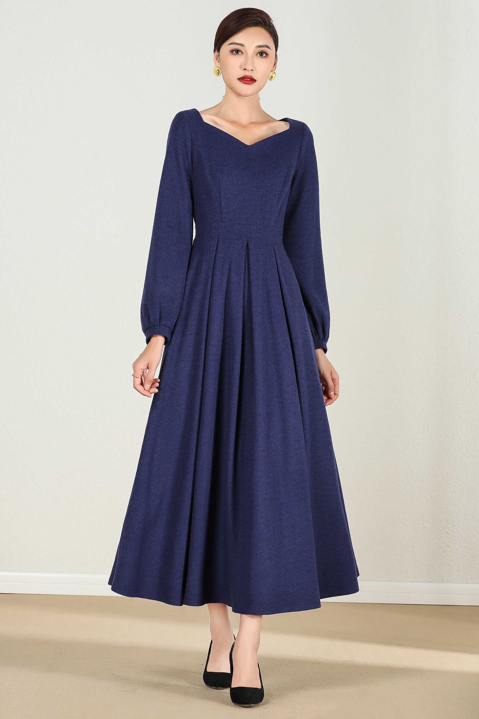 Long Wool Maxi Dress Long Sleeve Wool Dress Blue Wool Dress - Etsy