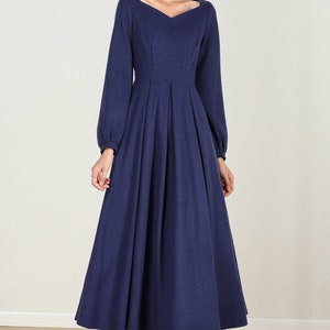 Long wool Maxi dress, Long sleeve wool dress, Blue wool dress, Wool dress, Woman dress, fit and flare dress, Autumn winter dress 2430# image 4