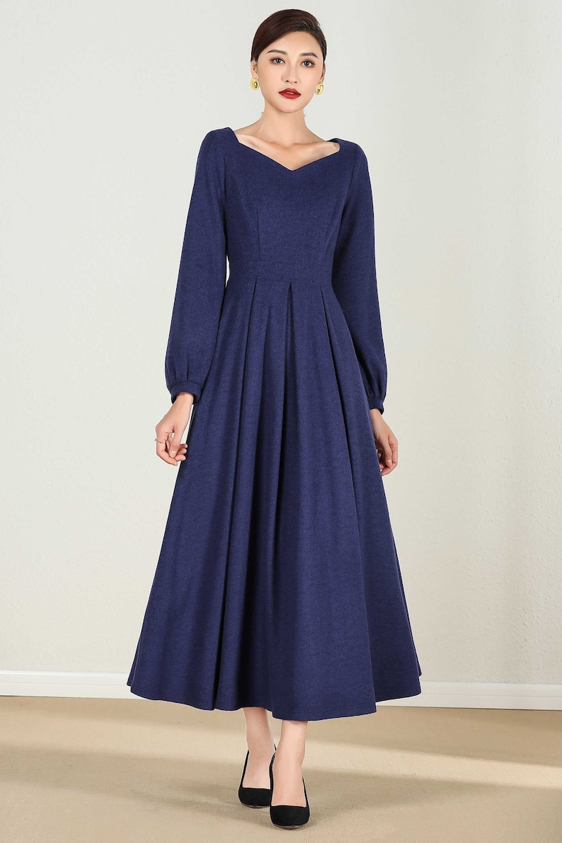 Long wool Maxi dress, Long sleeve wool dress, Blue wool dress, Wool dress, Woman dress, fit and flare dress, Autumn winter dress 2430# image 4