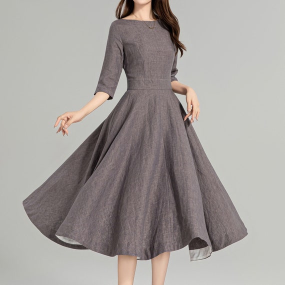Linen dress, Modest Midi dress, Half Sleeve Linen Swing dress, Womens Linen dress, fit and flare dress, Custom party dress, Xiaolizi 4961