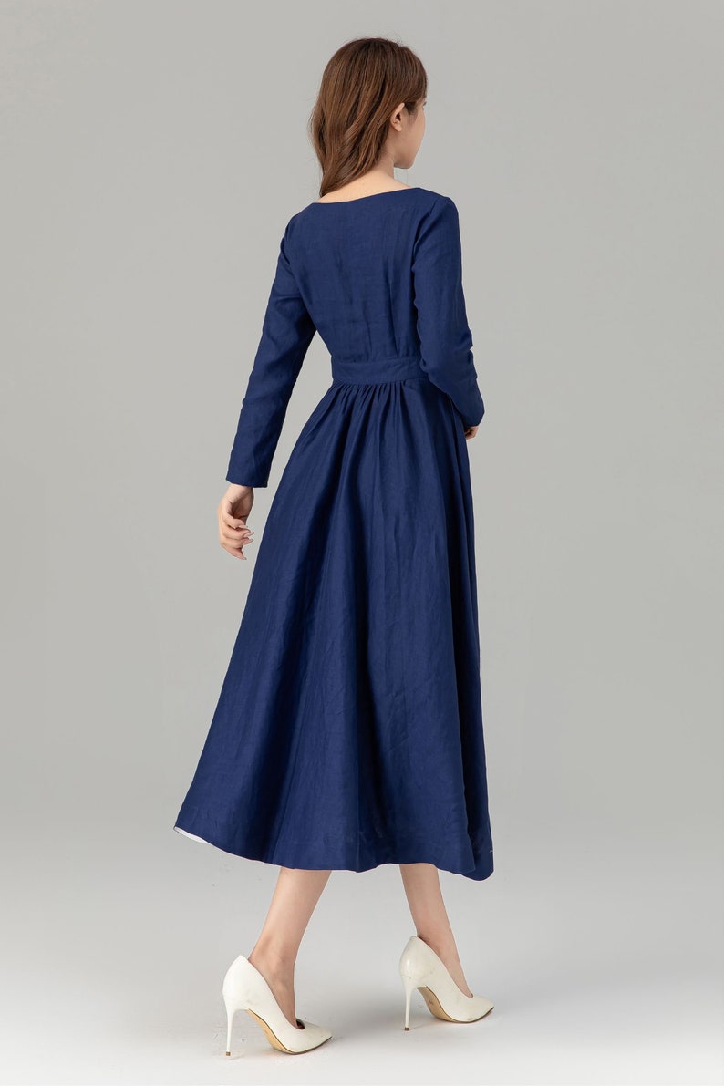 Leinenkleid, Midi Leinenkleid, Leinenkleid für Frauen, Frühlings und Sommerkleid, Swing-Kleid, Blaues Leinenkleid, Kleid nach Maß, Xiaolizi 4925 Bild 5