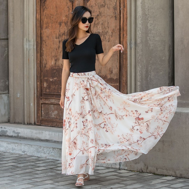 Floral Maxi Chiffon Skirt Women Elastic Waist Long Skirt - Etsy