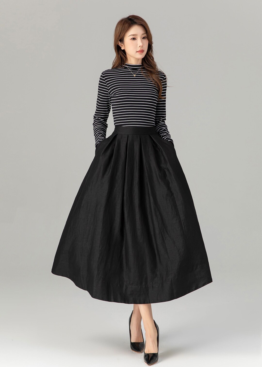 Soft Linen A-Line Skirt Black C1190 main image 1