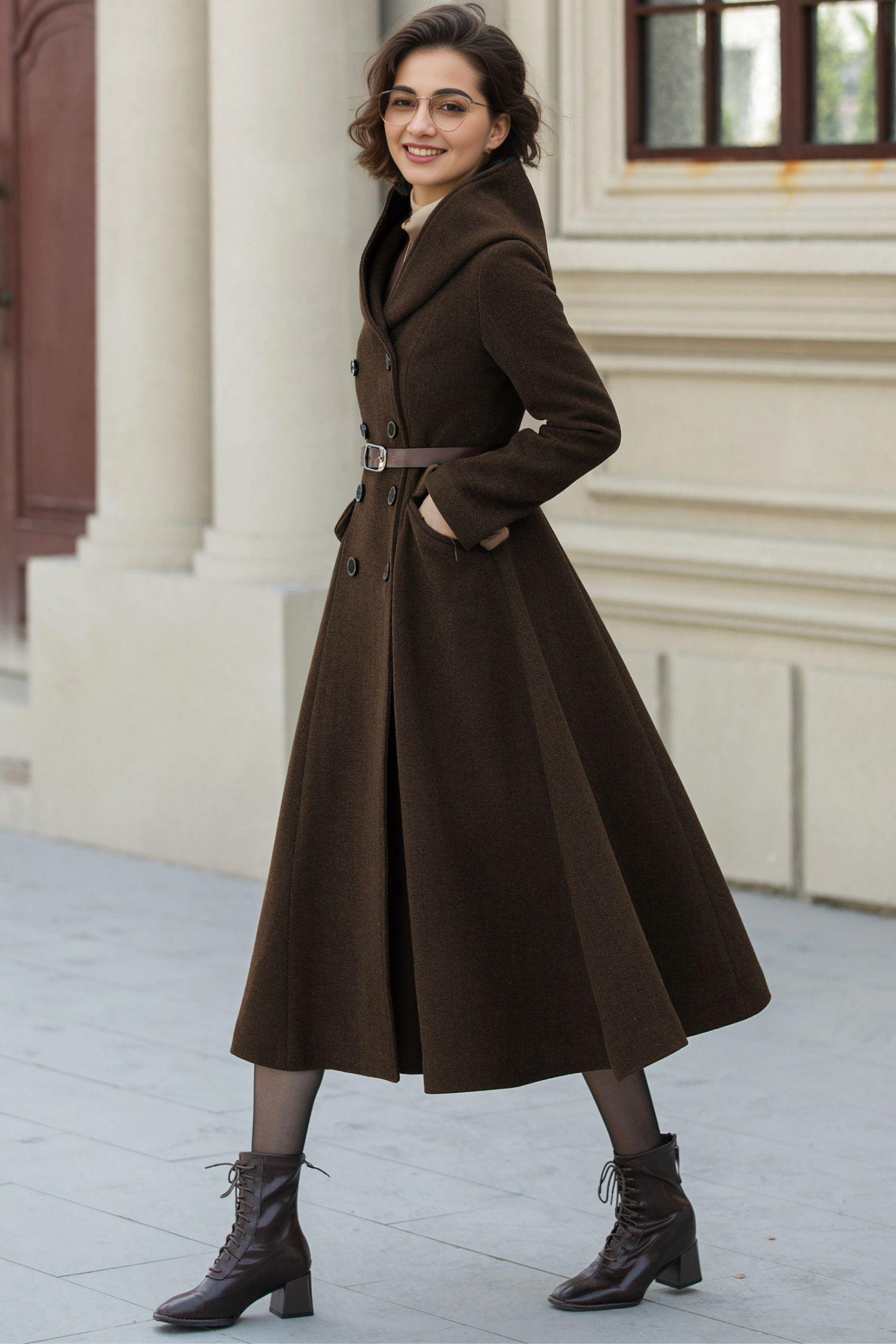 Wool Hooded Midi Coat: Vintage Double-breasted Winter Overcoat 