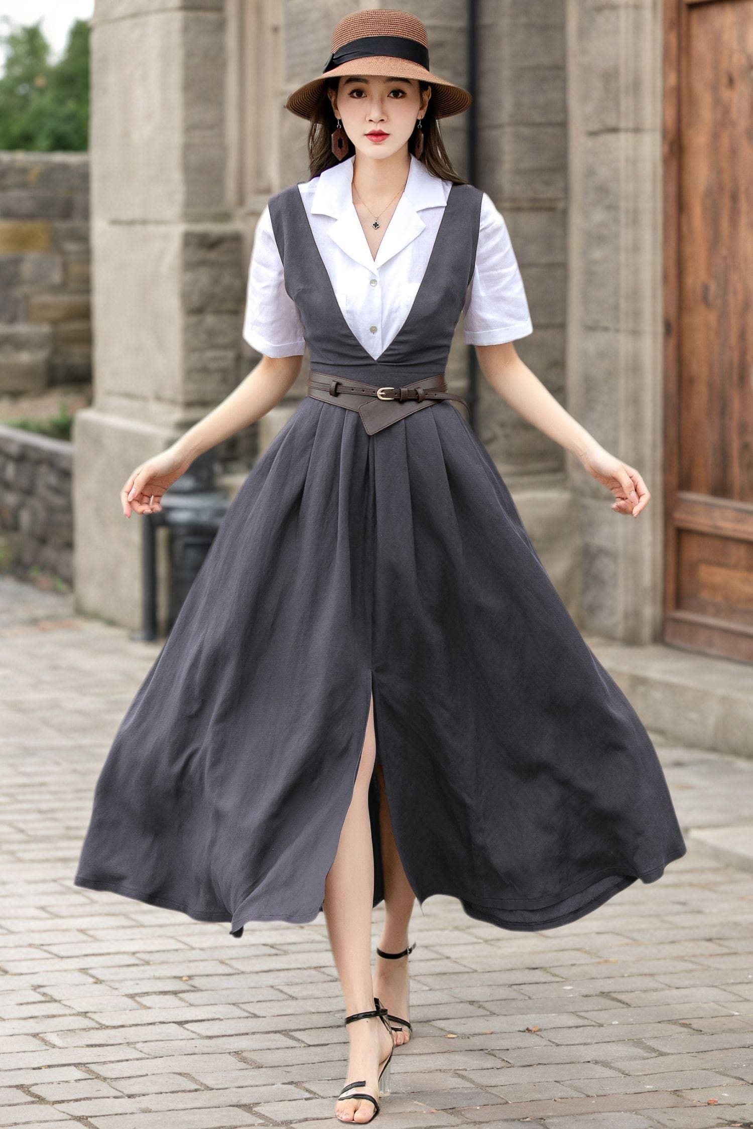 Dark Gray Linen Pinafore Dress: V-neck Apron Style, Xiaolizi 6145