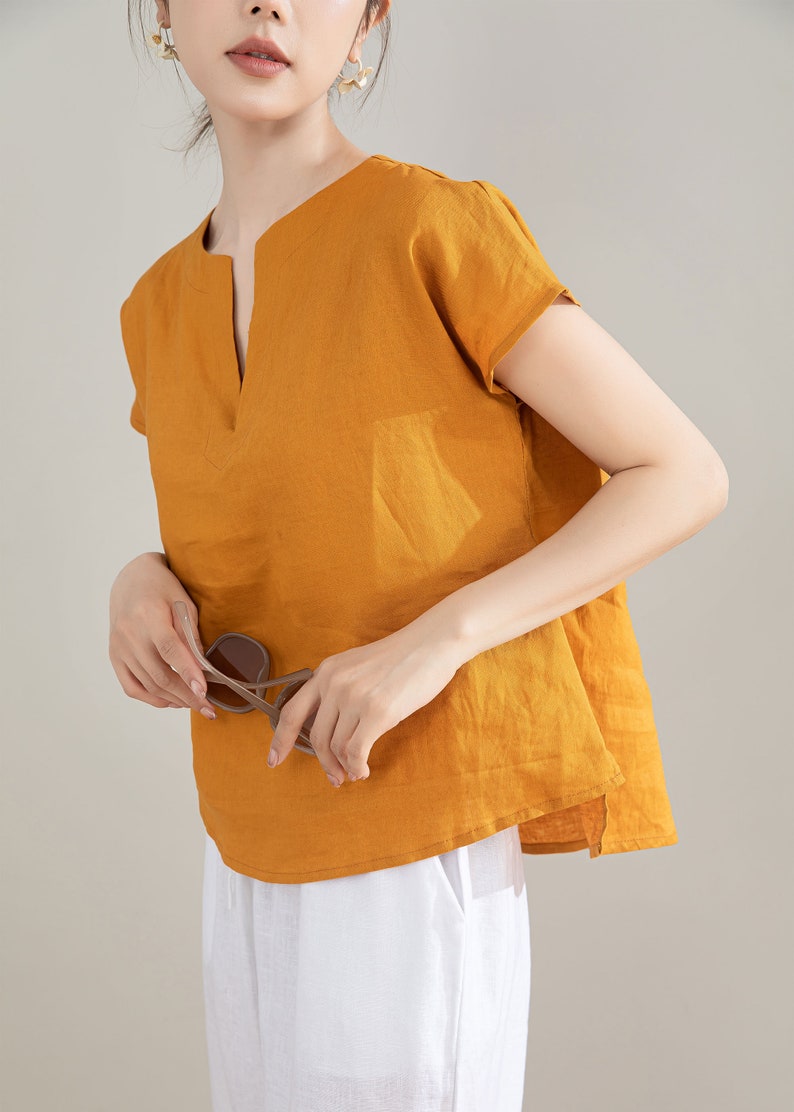 Yellow Linen Shirt, Womens Linen Top, Short Sleeve Casual Linen Blouse, Organic Linen Top, Plus Size Linen, Custom Shirt, Xaolizi 4207 image 4