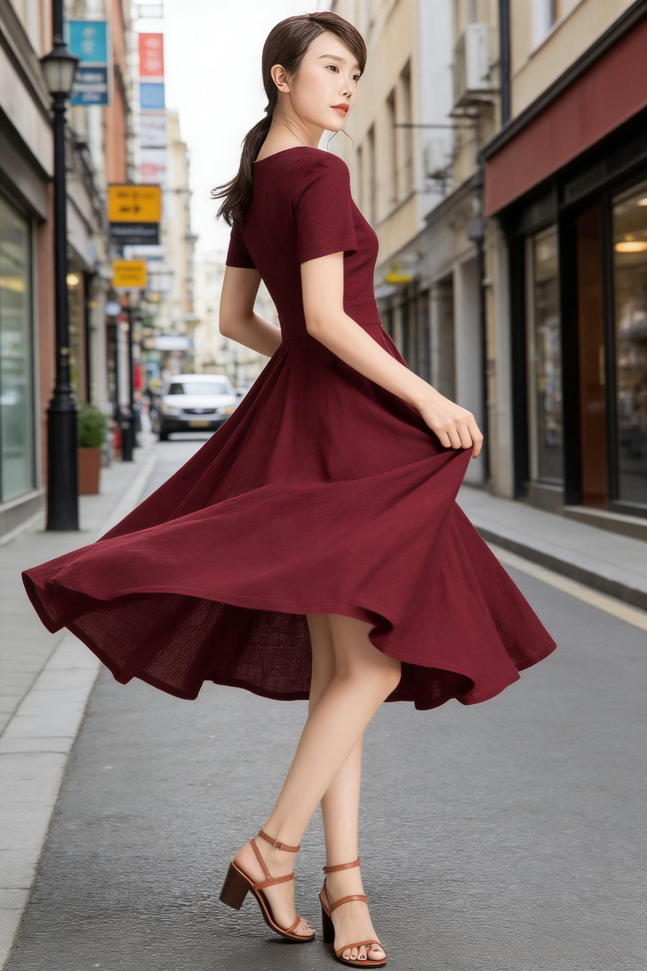 Fit and Flare Midi Dress in Burgundy, Boat Neck Swing Dress With