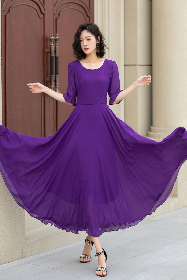 Women's Chiffon Dress, A Line Summer Chiffon Dress, Purple Boho Dress, Big Swing Dress, Circle Chiffon Dress, Ankle Length Dress 5116 image 6