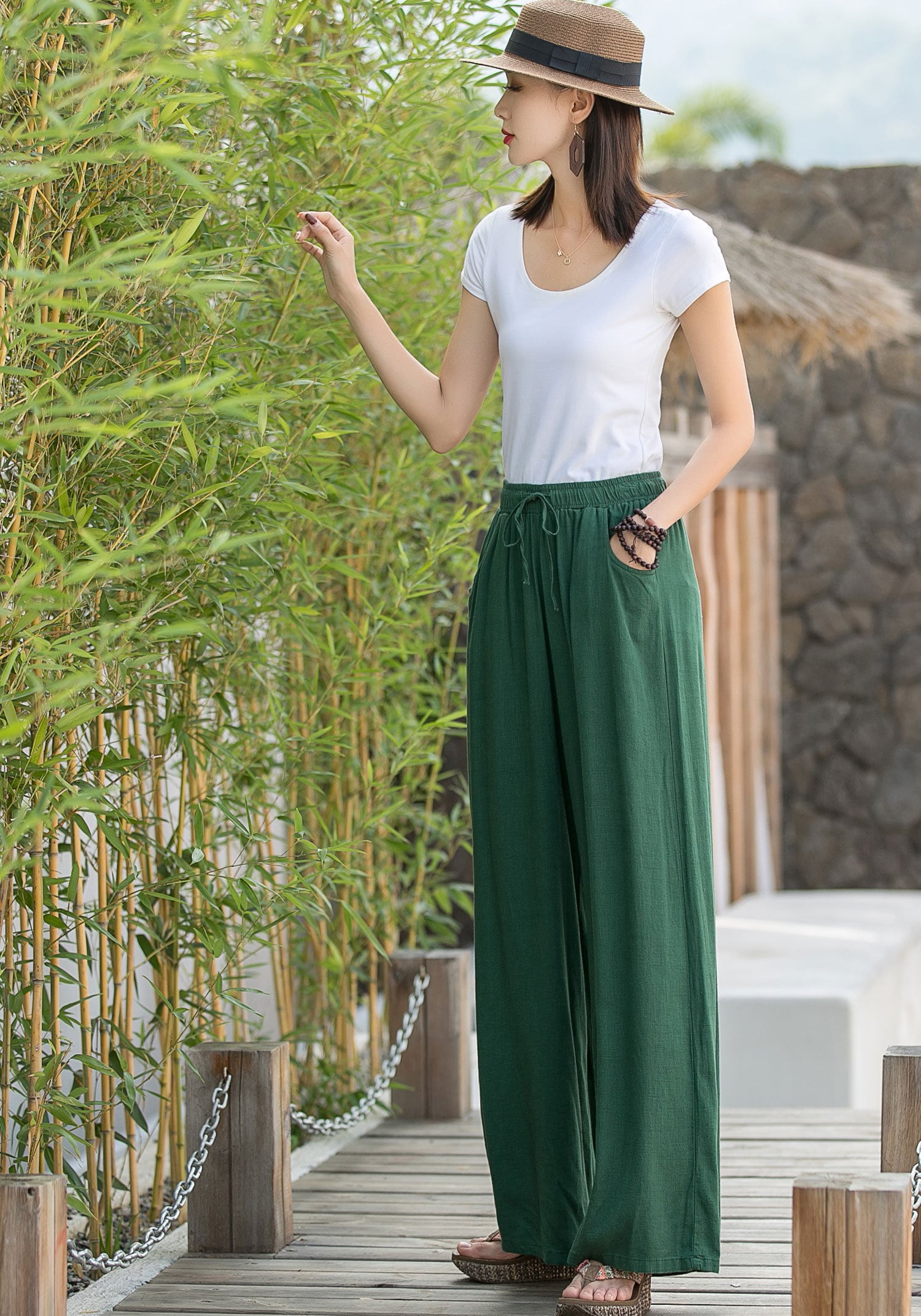 Palazzo Pants Green Casual Pants Elastic Waist Wide Leg - Etsy