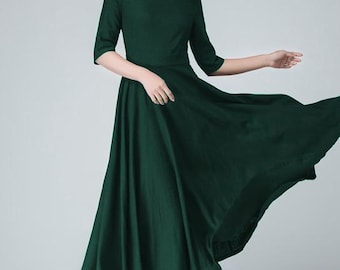 Mörkgrön linneklänning, Damswingklänning i linne med midimönster, Höstklänning med båtringning i linne, Klänning för bröllopsgäster, Specialdesignad klänning Xiaolizi 6282