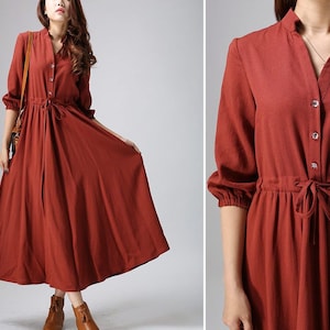 Rust Red Linen Shirt Dress, Casual Linen Maxi Dress with Drawstring, Custom Long Sleeve Swing Dress, Button down Retro Fall Dress 0804 image 1