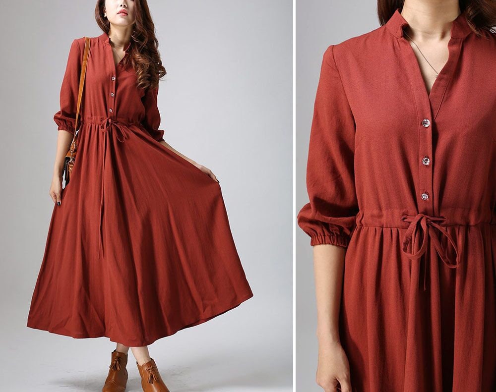 Rust Red Linen Shirt Dress Casual Linen ...