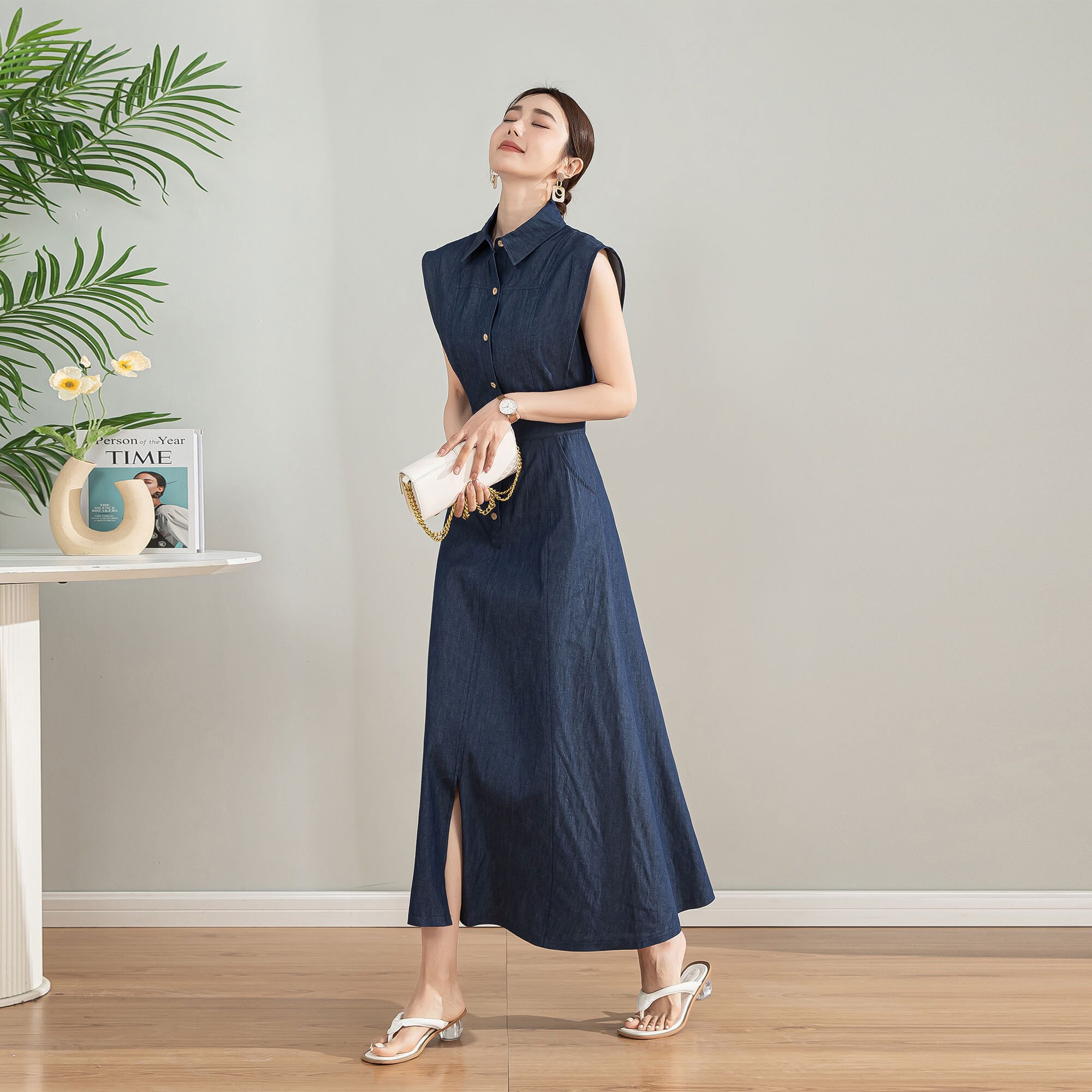 Retro Womens Long Denim Dress, Sleeveless Shirt Dress, A