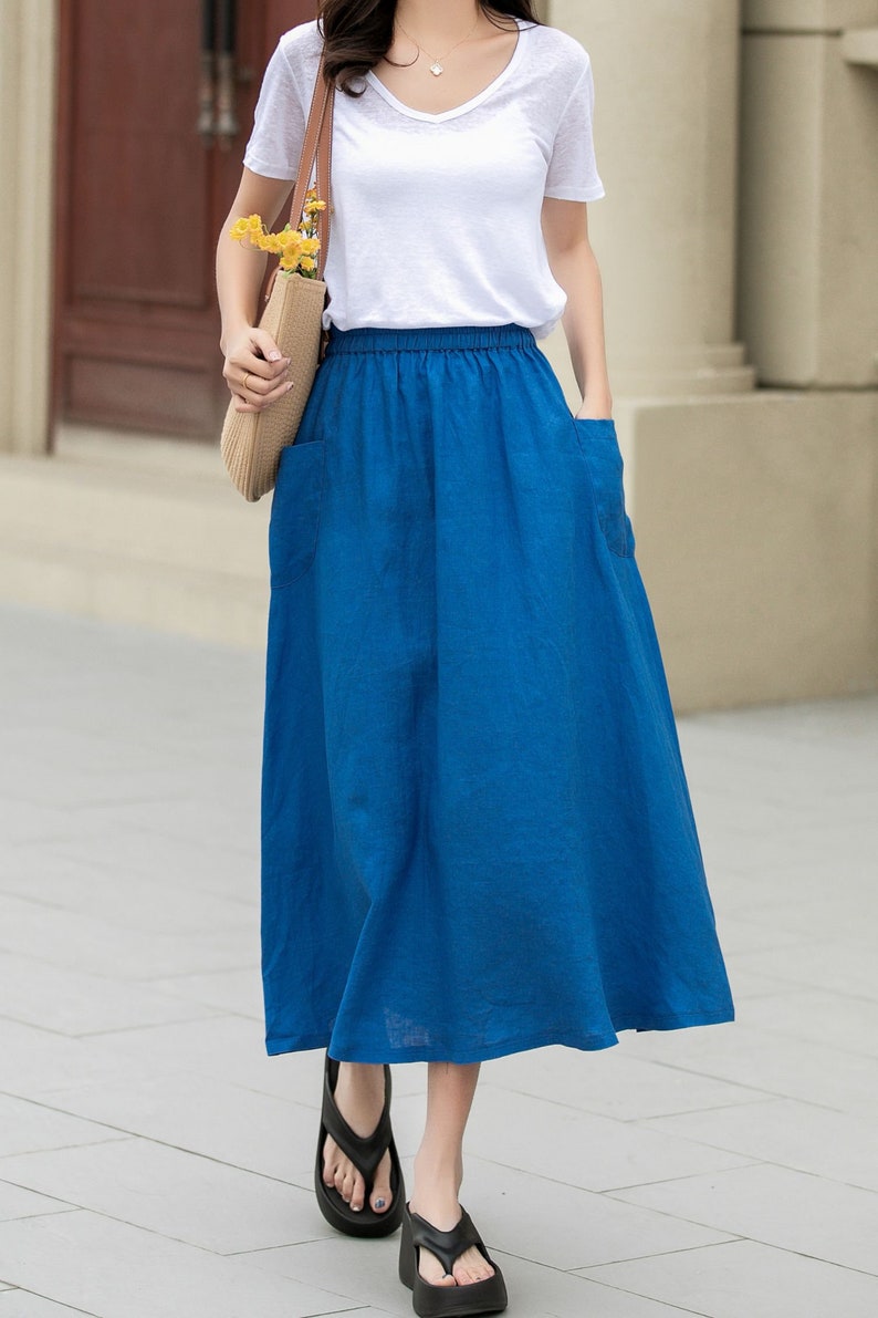 Linen skirt, Midi linen skirt, Blue linen skirt, A line skirt, Womens long linen skirt, Summer linen skirt, Custom skirt, Xiaolizi 4956 image 8