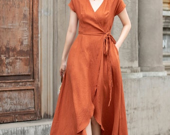 Aspen Wrap Dress in Linen Blend Orange