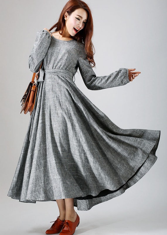 Long sleeve Linen dress Linen maxi dress Women Vintage | Etsy