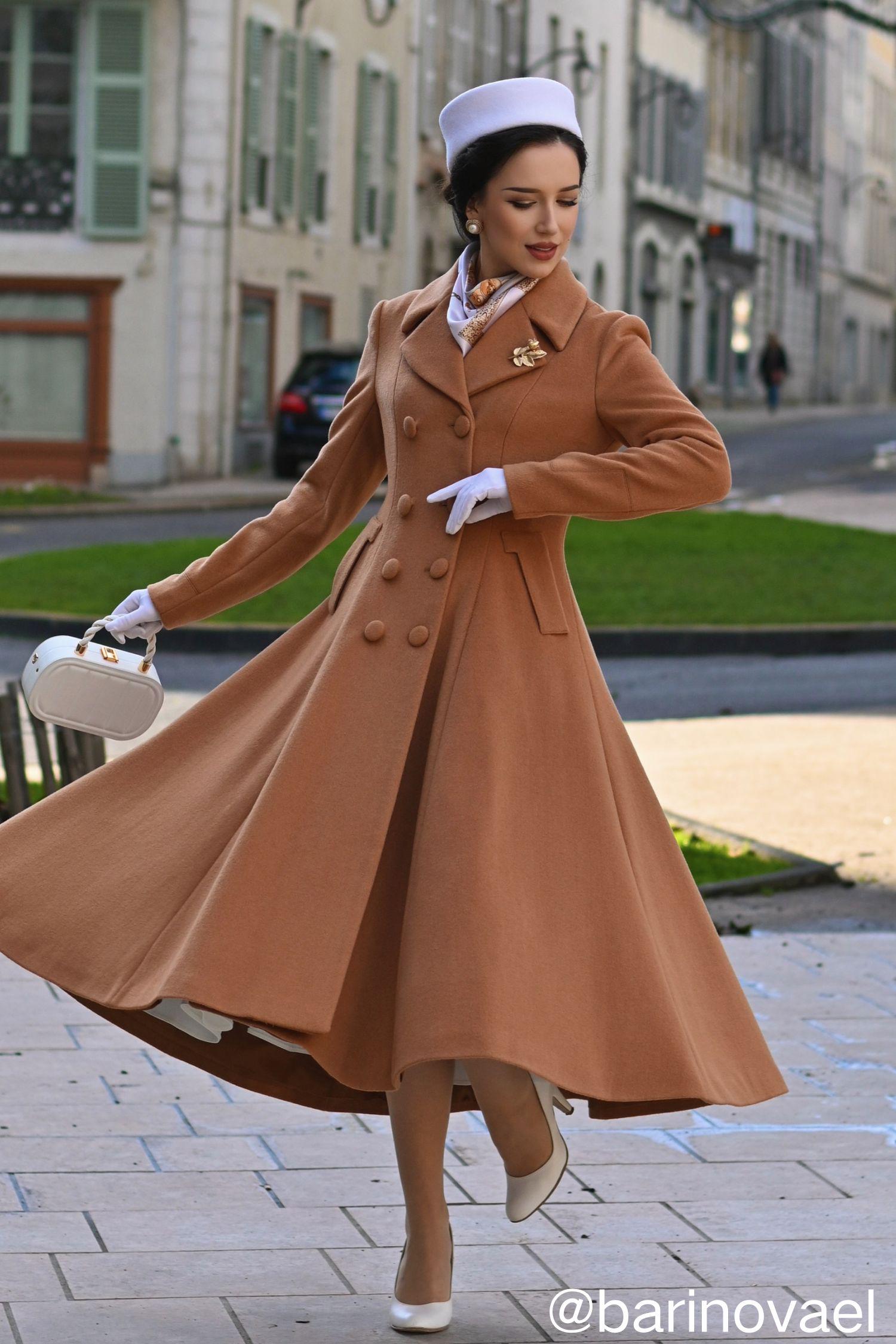 Brown Wool Blend Coat for Women – Double Breasted Fit and Flare