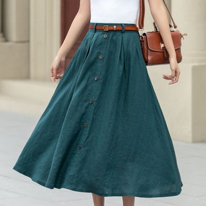 Linen skirt, Women's Midi skirt, A-Line linen Skirt, Button front Skirt, Dark Green Midi skirt with pockets, Plus size Skirt, Xiaolizi 4970 image 8