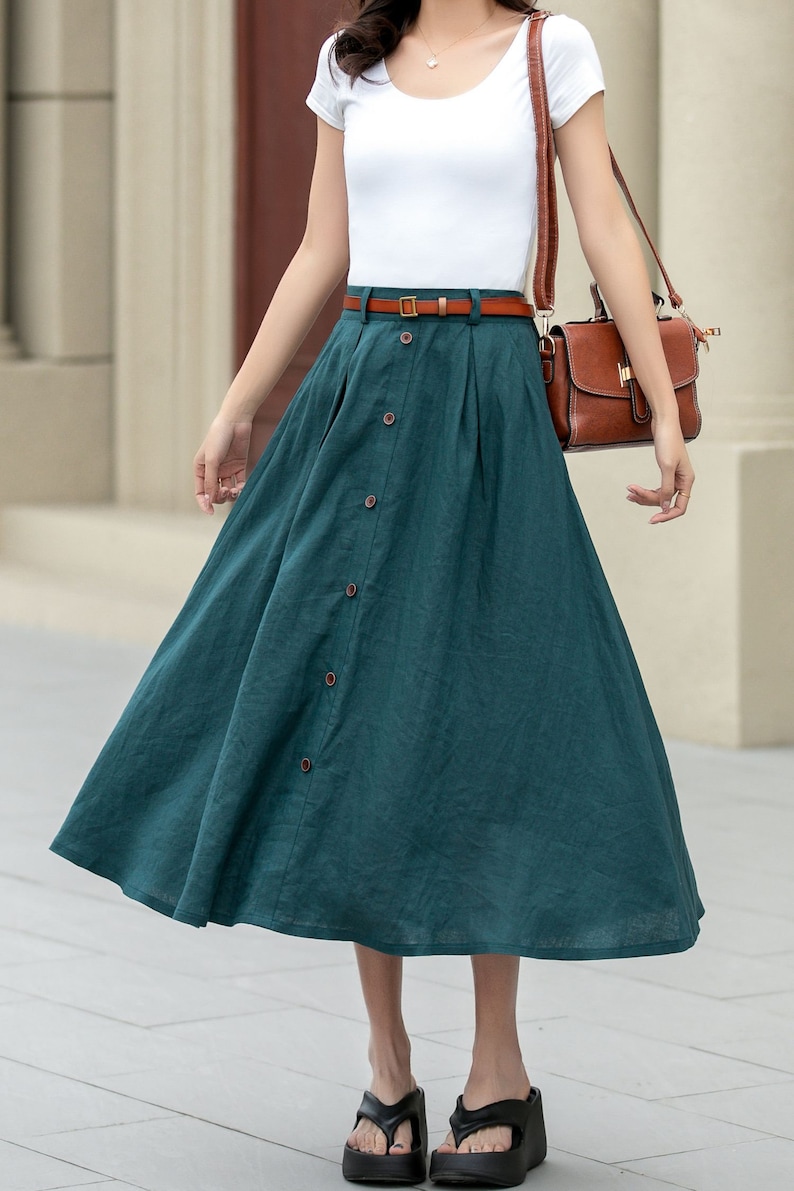 Linen skirt, Women's Midi skirt, A-Line linen Skirt, Button front Skirt, Dark Green Midi skirt with pockets, Plus size Skirt, Xiaolizi 4970 image 8