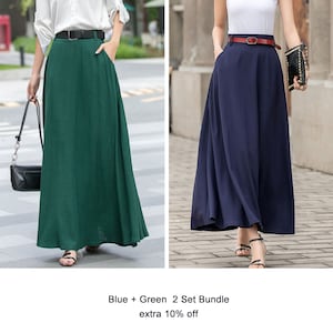 Leinenrock, Langer Maxi-Leinenrock für Frauen, A-Linien-Rock, blauer Damen-Maxirock mit Taschen, minimalistischer Rock, maßgeschneiderter Rock 2716 4-Blue+Green Bundle