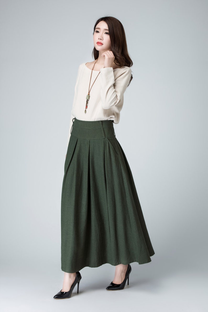Olive green skirt long skirt pleated Maxi skirt linen | Etsy