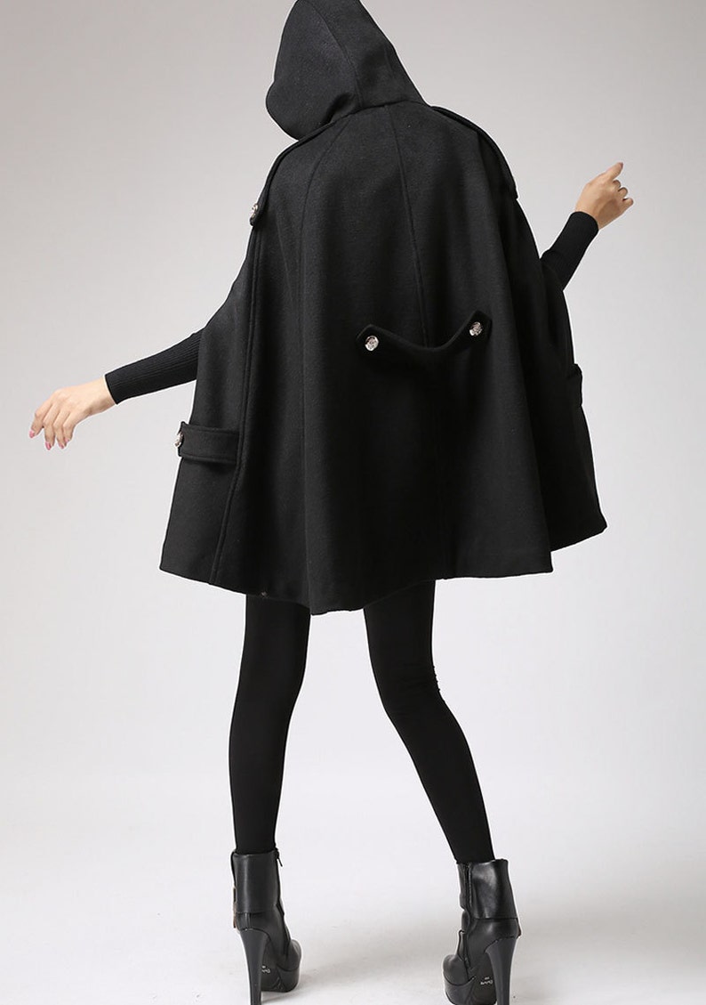 Black Wool Cape Coat, Hooded Cape coat, Women cape, Military cape coat, Winter Cape, Plus Size cape, Poncho Cape, Wool Cloak, Xiaolizi 0698 image 5