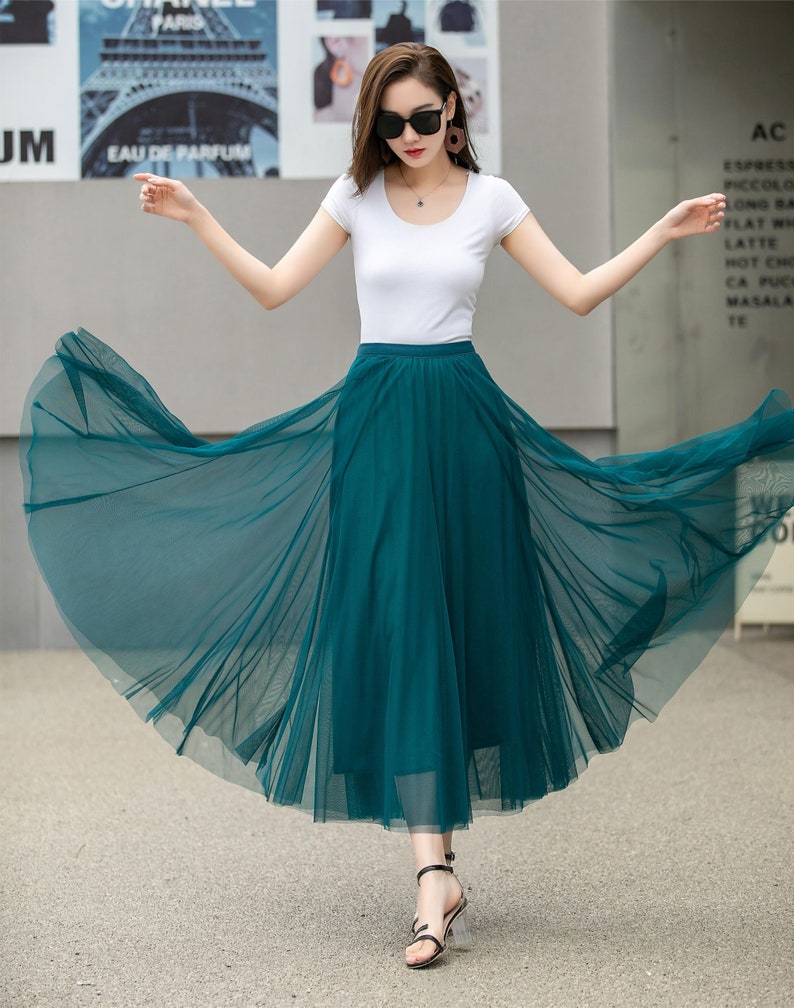 Jupe en mousseline de soie, jupe midi en tulle bohème à taille élastique, jupe en tulle de plage bleu pour femme, jupe d'été grand cercle swing, jupe longue de danse 4271 image 6