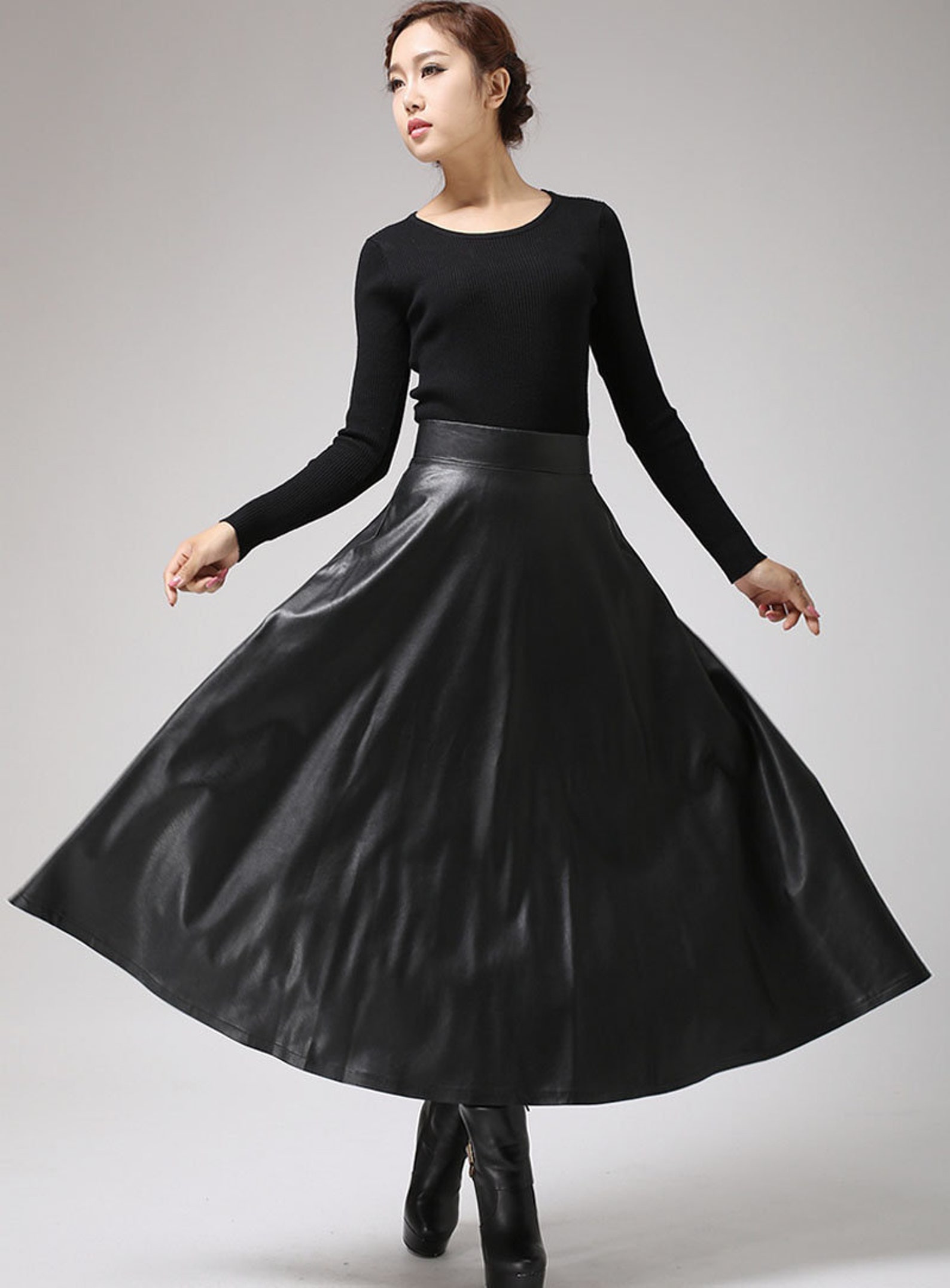 Black Faux Leather Skirt Classic Style Maxi Skirt Women PU Vegan Flared Skirt Circle Skirt