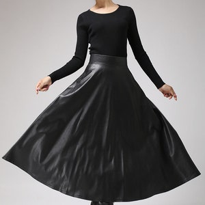 Black Faux Leather Skirt Classic Style Maxi Skirt Women PU Vegan Flared ...