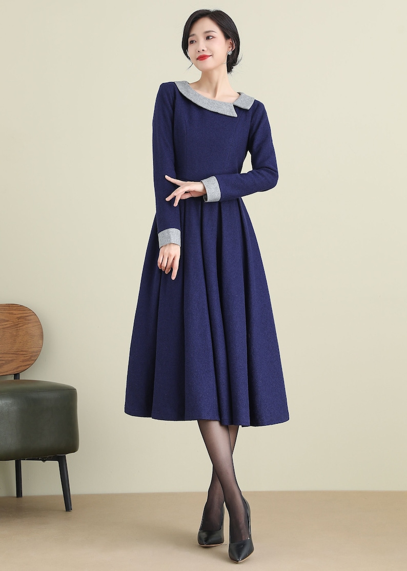 Midi Dress Wool Dress A-line Wool Dress Navy Blue Dress - Etsy